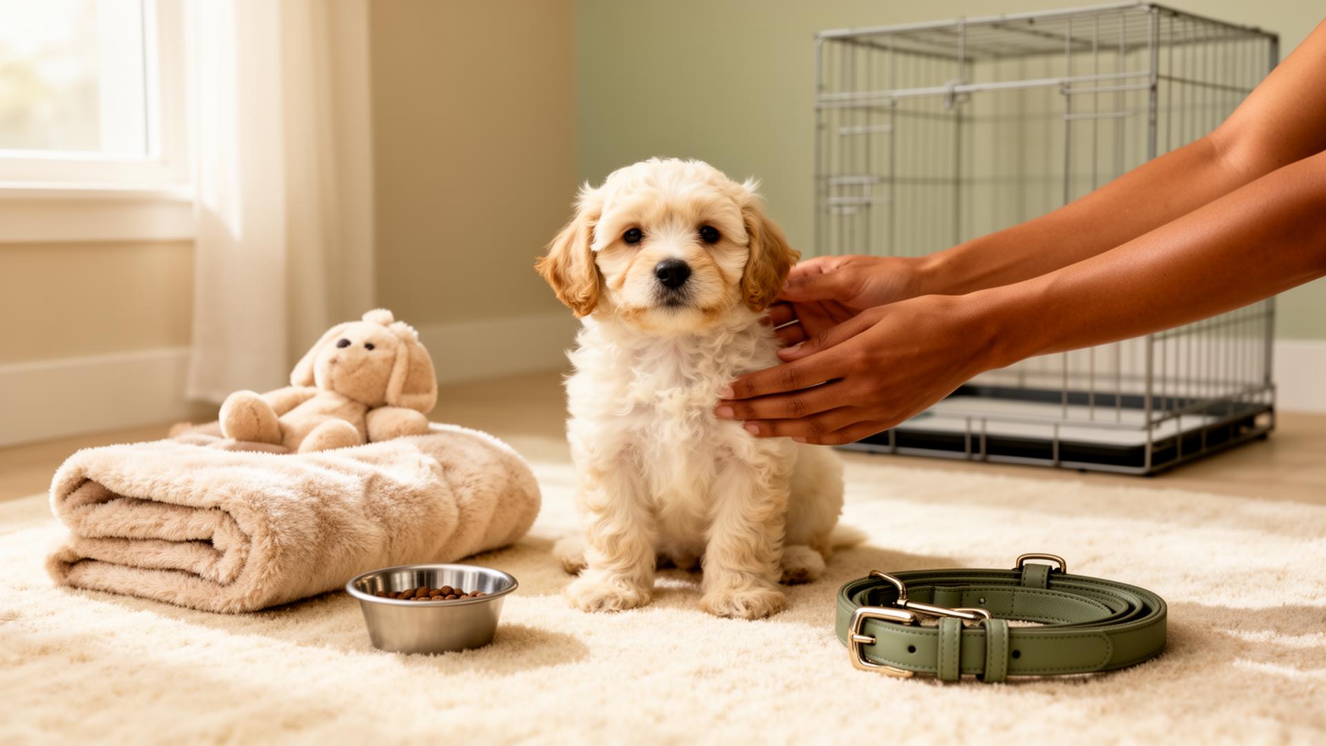 A small cream cavapoo puppy with a folded blanket, food bowl, toy, collar and crate in a sunlit room.
